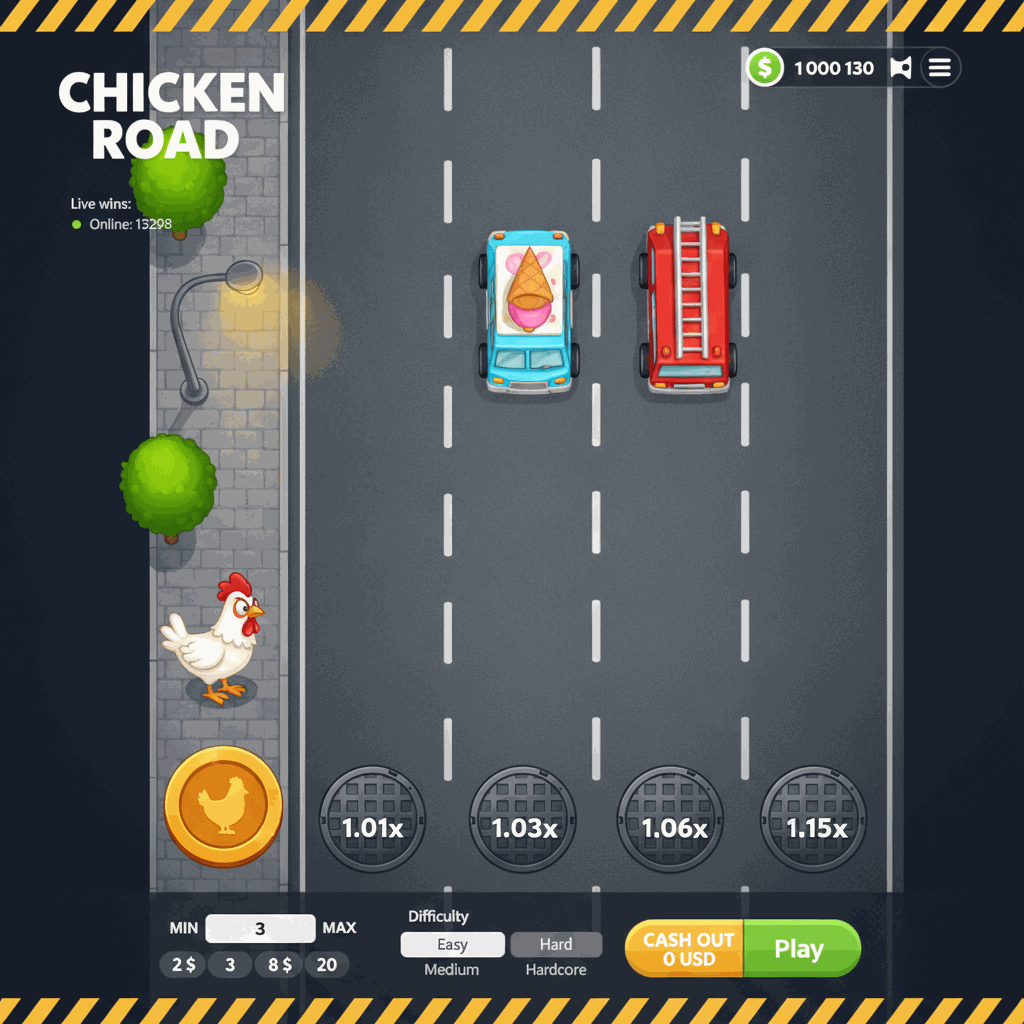 Chicken Road par InOut - Interface de jeu montrant un poulet blanc sur le point de traverser une route urbaine à plusieurs voies avec des marqueurs de multiplicateur sur chaque voie, des arbres verts sur le trottoir de gauche et un lampadaire gris, avec un affichage du solde en haut et des indicateurs de gains en direct